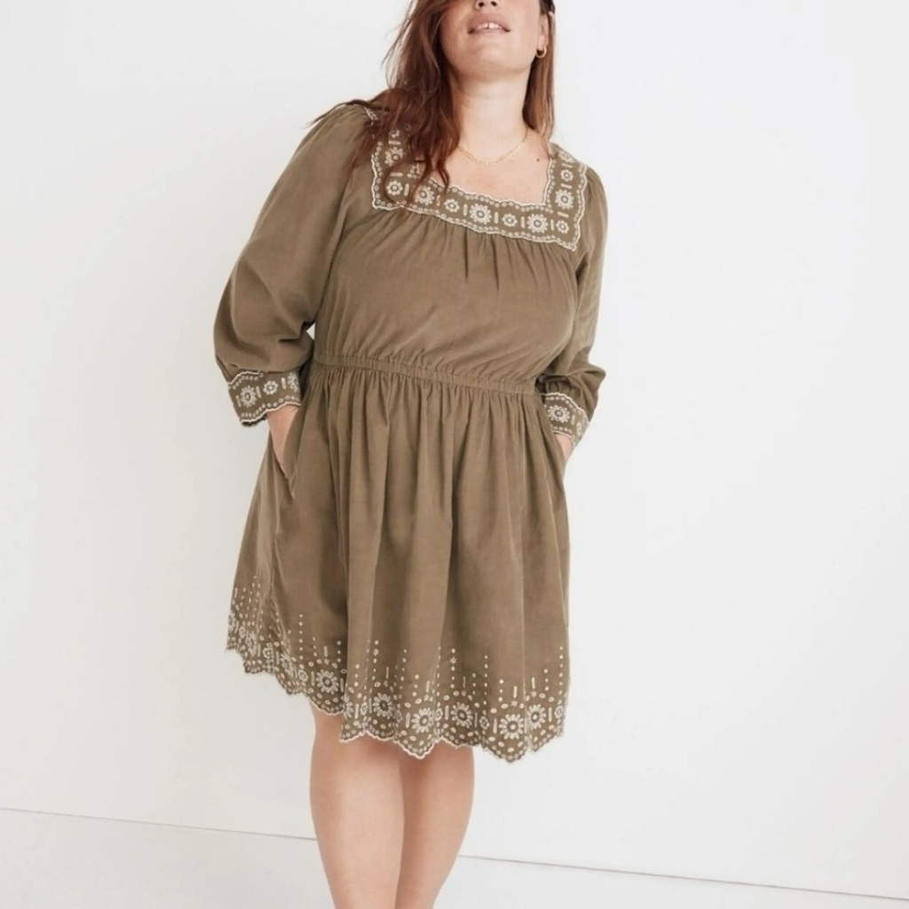 Madewell Embroidered Corduroy SquareNeck Mini Dress In Distant Surplus Green
